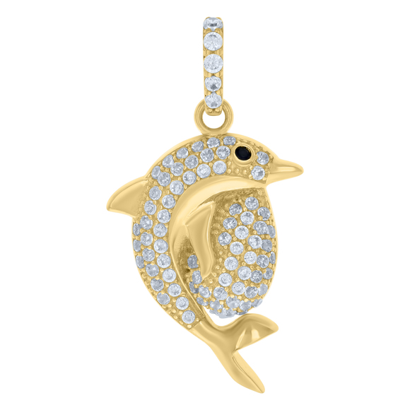 10kt 10k Yellow Gold Womens Black White CZ Dolphin Fish Ocean Charm Pendant